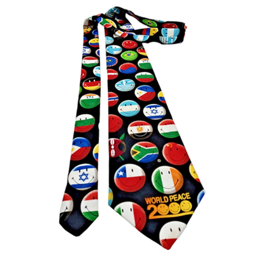 Vtg Ralph Marlin Tie World Peace 2000 Smiley Face Flags Novelty Necktie